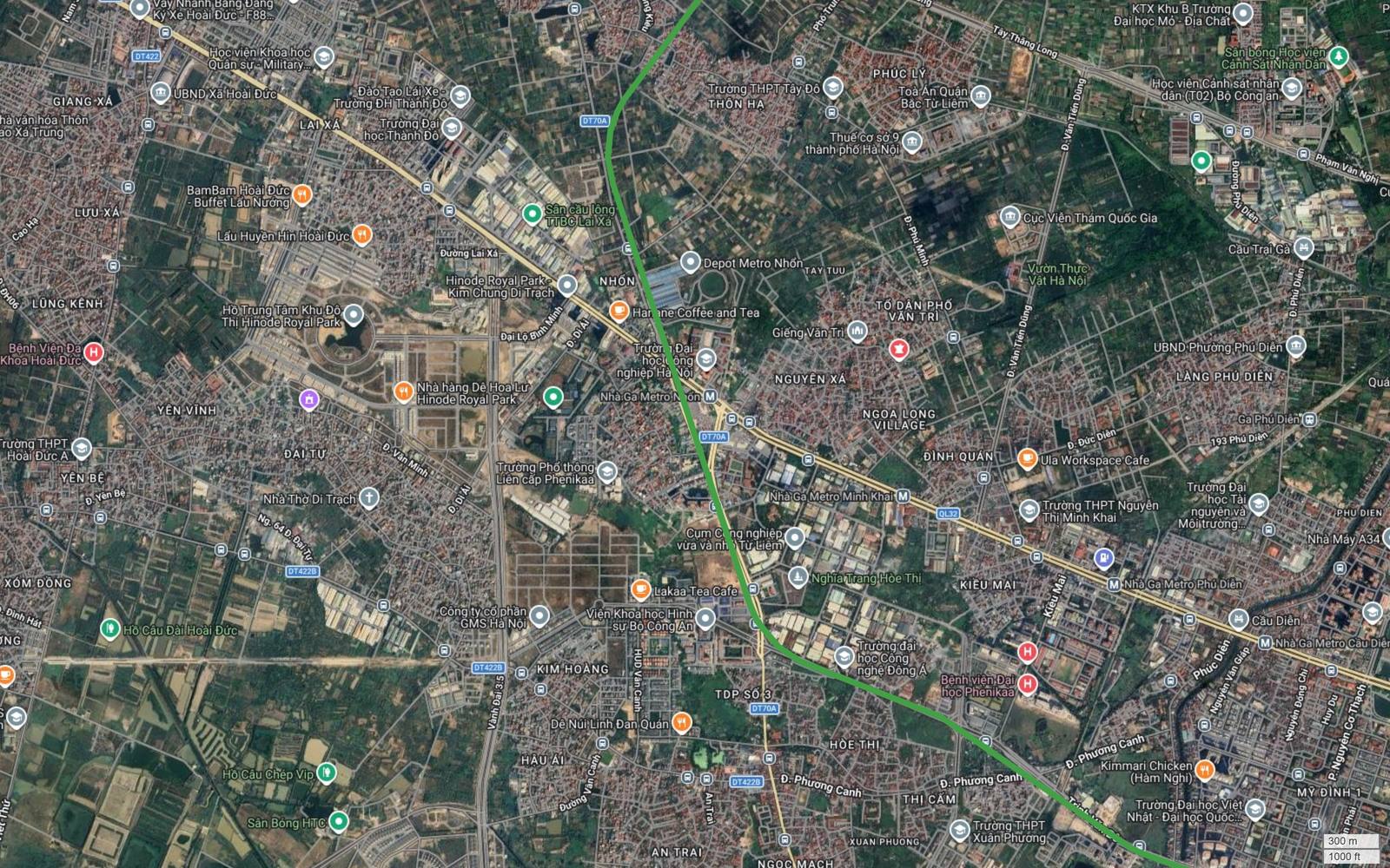 Ảnh vệ tinh metro số 4 Hà Nội khung 02 khu vực Nhổn, vạch xanh cắt trục vàng Quốc lộ 32 nơi có các biểu tượng nhà ga metro tuyến số 3