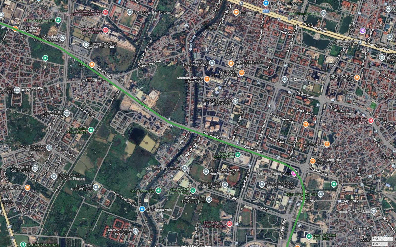 Ảnh vệ tinh metro số 4 Hà Nội khung 04 dọc đường Trần Hữu Dực qua Vinhomes Gardenia và HD Mon City, nét tuyến bẻ vuông góc xuống nam