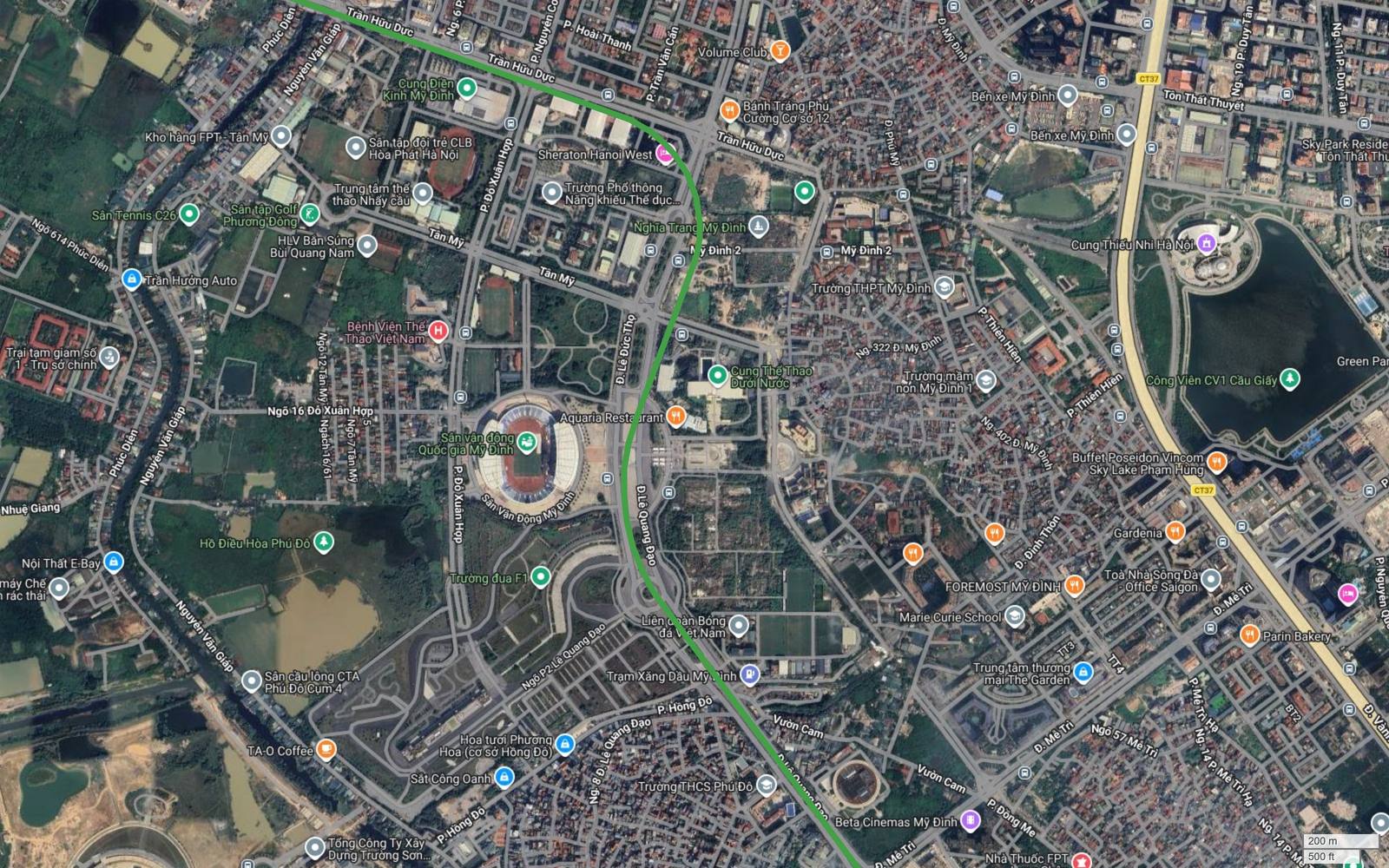 Ảnh vệ tinh metro số 4 Hà Nội khung 05 cạnh Sân vận động Quốc gia Mỹ Đình, Cung Thể thao Dưới nước và Trường đua F1 với vạch xanh chạy dọc