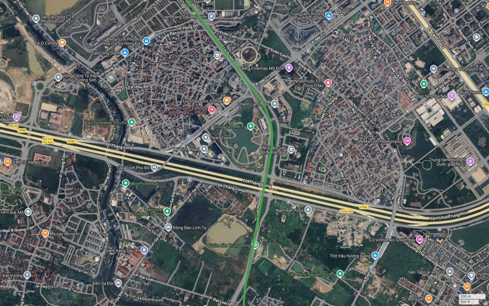 Ảnh vệ tinh metro số 4 Hà Nội khung 06 tại Mễ Trì, vạch xanh cắt vuông góc Đại lộ Thăng Long gần Trung tâm Hội nghị Quốc gia và JW Marriott