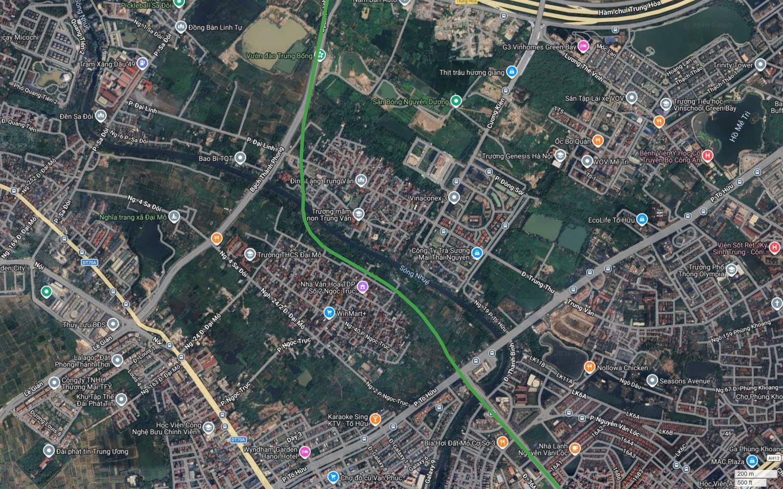 Ảnh vệ tinh metro số 4 Hà Nội khung 07 qua Trung Văn và Ngọc Trục, nét tuyến uốn chữ S cắt sông Nhuệ và trục Tố Hữu