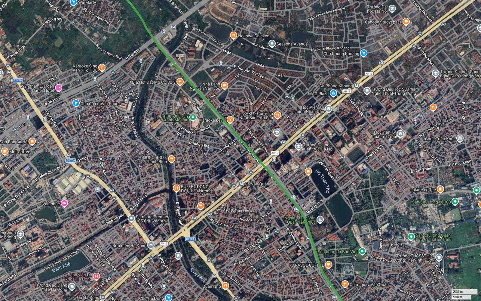 Ảnh vệ tinh metro số 4 Hà Nội khung 08 tại Mỗ Lao Văn Quán, nét tuyến cắt trục vàng Nguyễn Trãi Trần Phú có các ga tuyến 2A Cát Linh Hà Đông