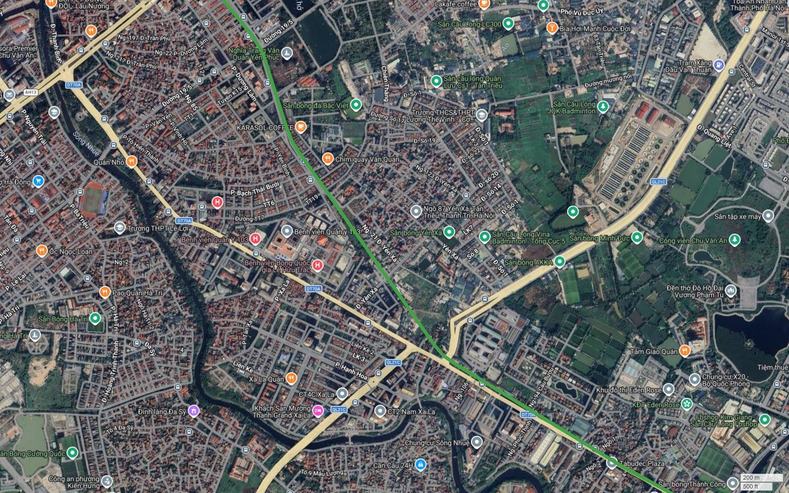 Ảnh vệ tinh metro số 4 Hà Nội khung 09 qua Yên Xá Tân Triều, nét tuyến chéo cắt Quốc lộ 21C tại Xa La Cầu Bươu bên cạnh Bệnh viện Quân y 103