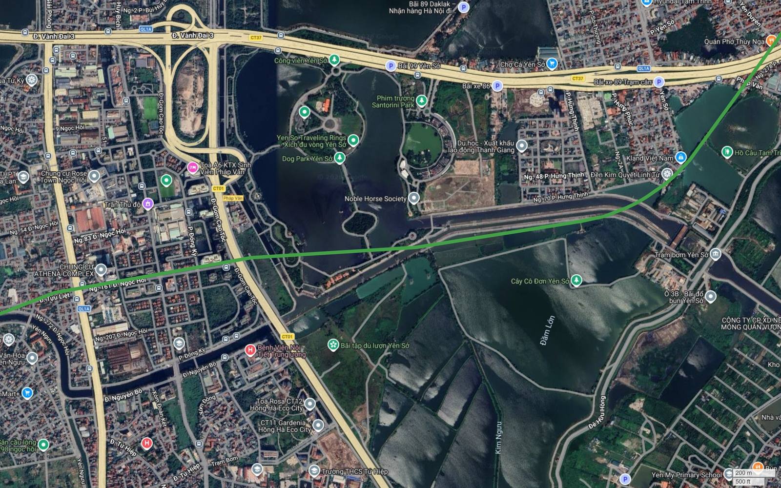 Ảnh vệ tinh metro số 4 Hà Nội khung 13 qua vùng đầm hồ Yên Sở với Đầm Lớn, Trạm bơm Yên Sở và nút giao Vành đai 3 hoa thị