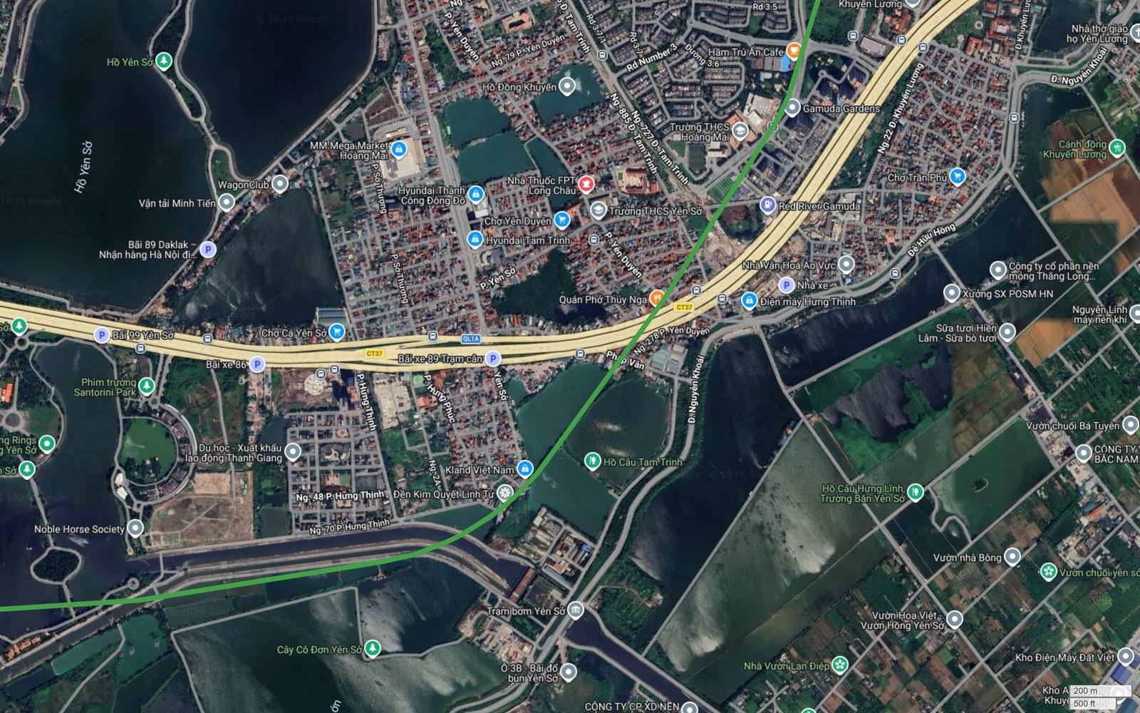 Ảnh vệ tinh metro số 4 Hà Nội khung 14 cắt Vành đai 3 tại Yên Sở, đi sát khu đô thị Gamuda Gardens và hồ Yên Sở