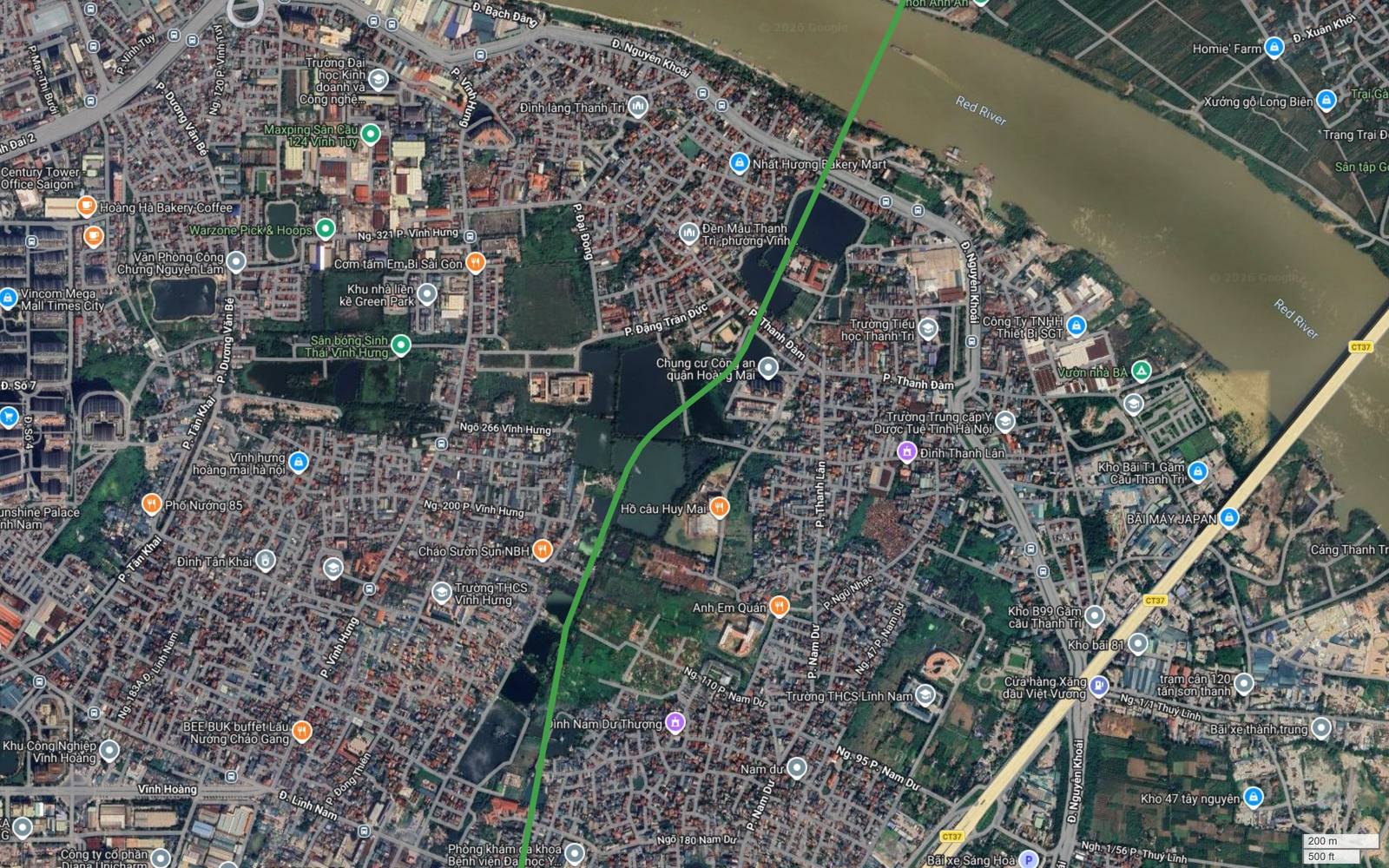 Ảnh vệ tinh metro số 4 Hà Nội khung 16 qua Vĩnh Hưng Thanh Đàm Nam Dư, nét tuyến len giữa lưới phố dày trước khi ra mép sông Hồng
