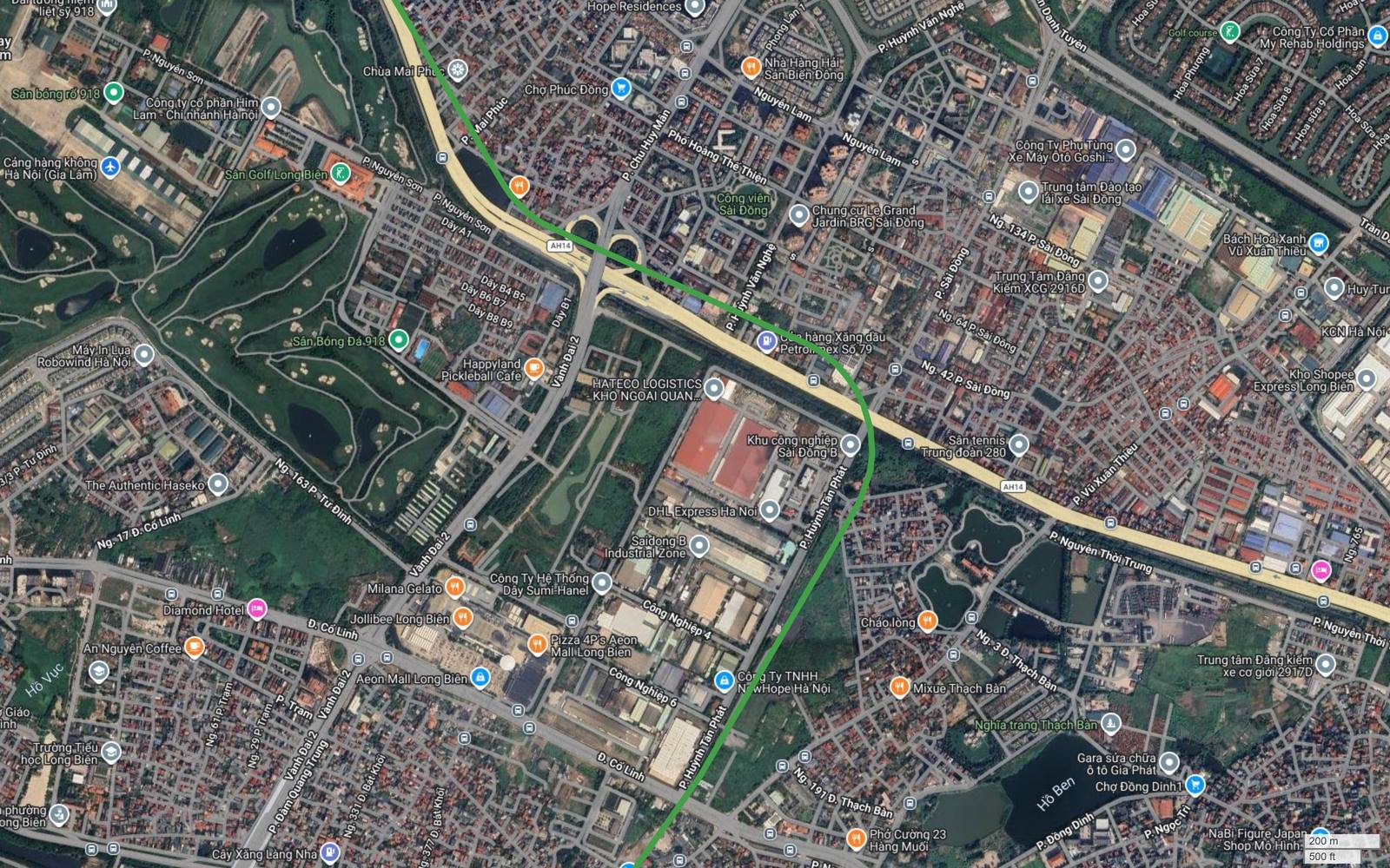 Ảnh vệ tinh metro số 4 Hà Nội khung 19 cắt Quốc lộ 5 tại nút giao Sài Đồng bên cạnh sân golf Long Biên và kho HATECO Logistics