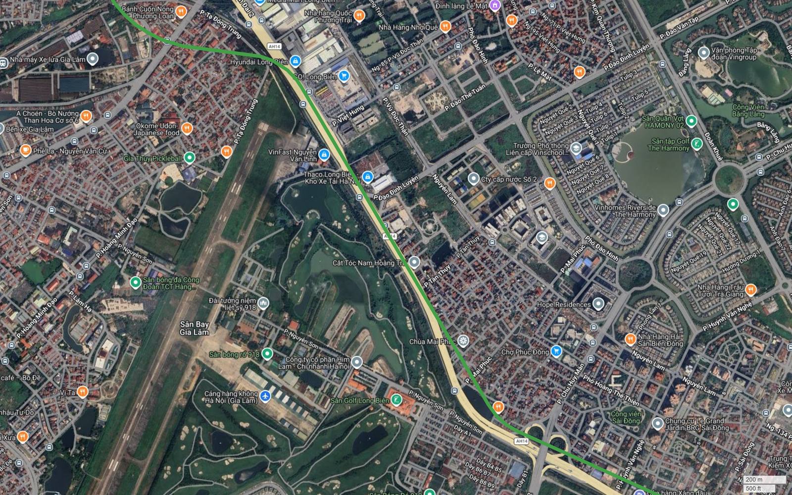 Ảnh vệ tinh metro số 4 Hà Nội khung 20 dọc trục Nguyễn Văn Linh, bên trái là đường băng sân bay Gia Lâm, bên phải là Vinhomes Riverside The Harmony