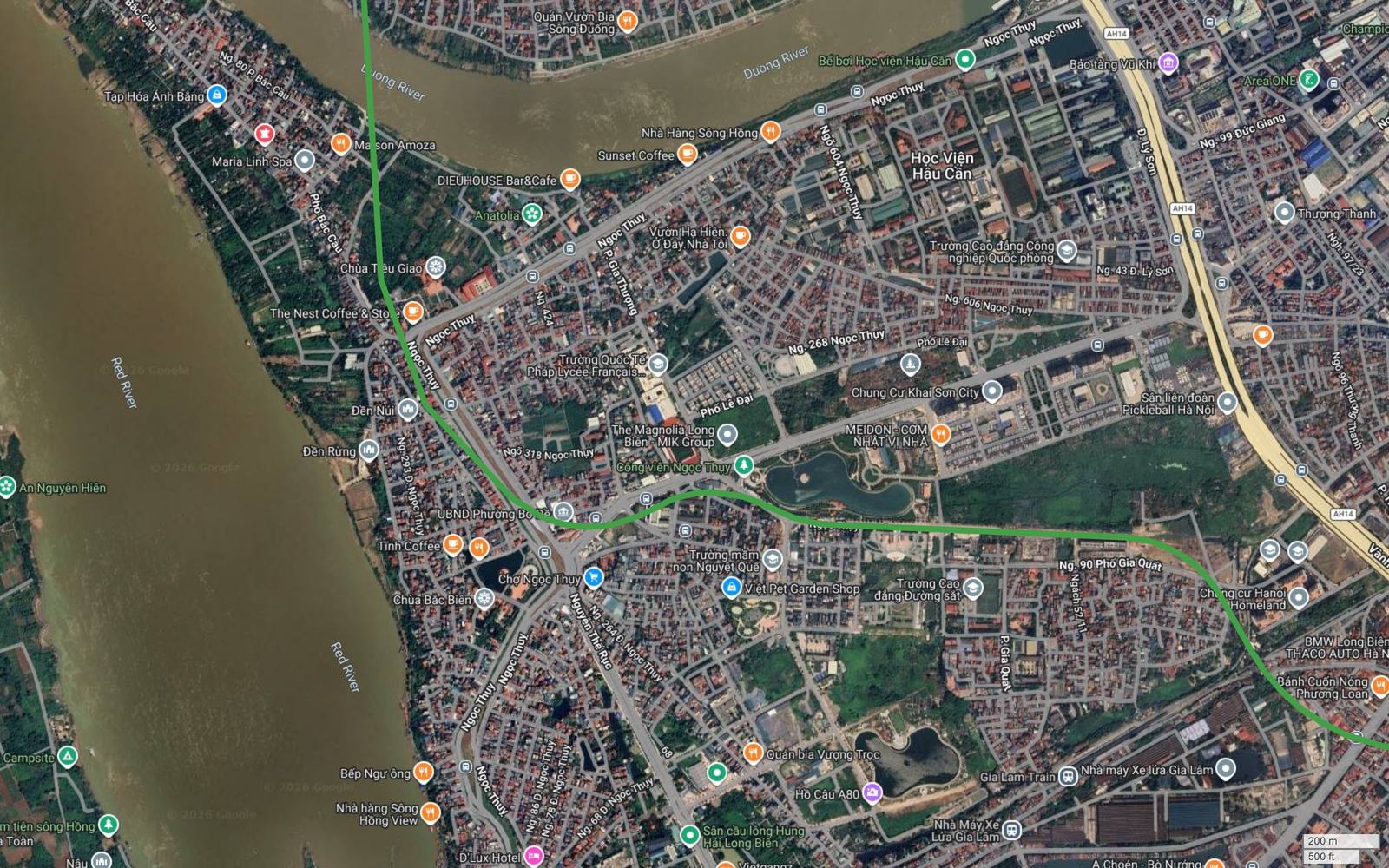 Ảnh vệ tinh metro số 4 Hà Nội khung 22 qua Ngọc Thụy Bắc Biên, dải đất kẹp giữa sông Hồng và sông Đuống với công viên Ngọc Thụy