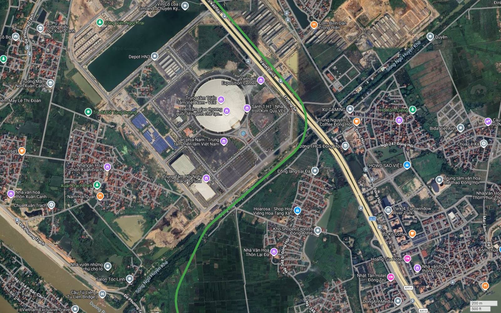 Ảnh vệ tinh metro số 4 Hà Nội khung 24 tại Đông Hội Lại Đà, khối mái tròn trắng của Trung tâm Triển lãm Việt Nam và nhãn Depot HN3