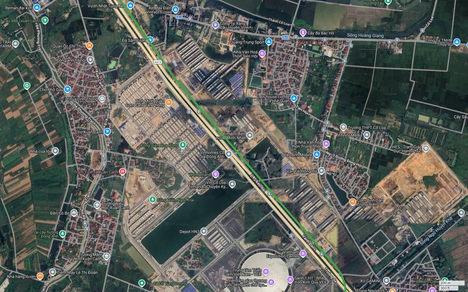 Ảnh vệ tinh metro số 4 Hà Nội khung 25 bám trục Vành đai 2 đường 5 kéo dài qua Xuân Canh, cạnh Vinhomes Cổ Loa và Thành Cổ Loa