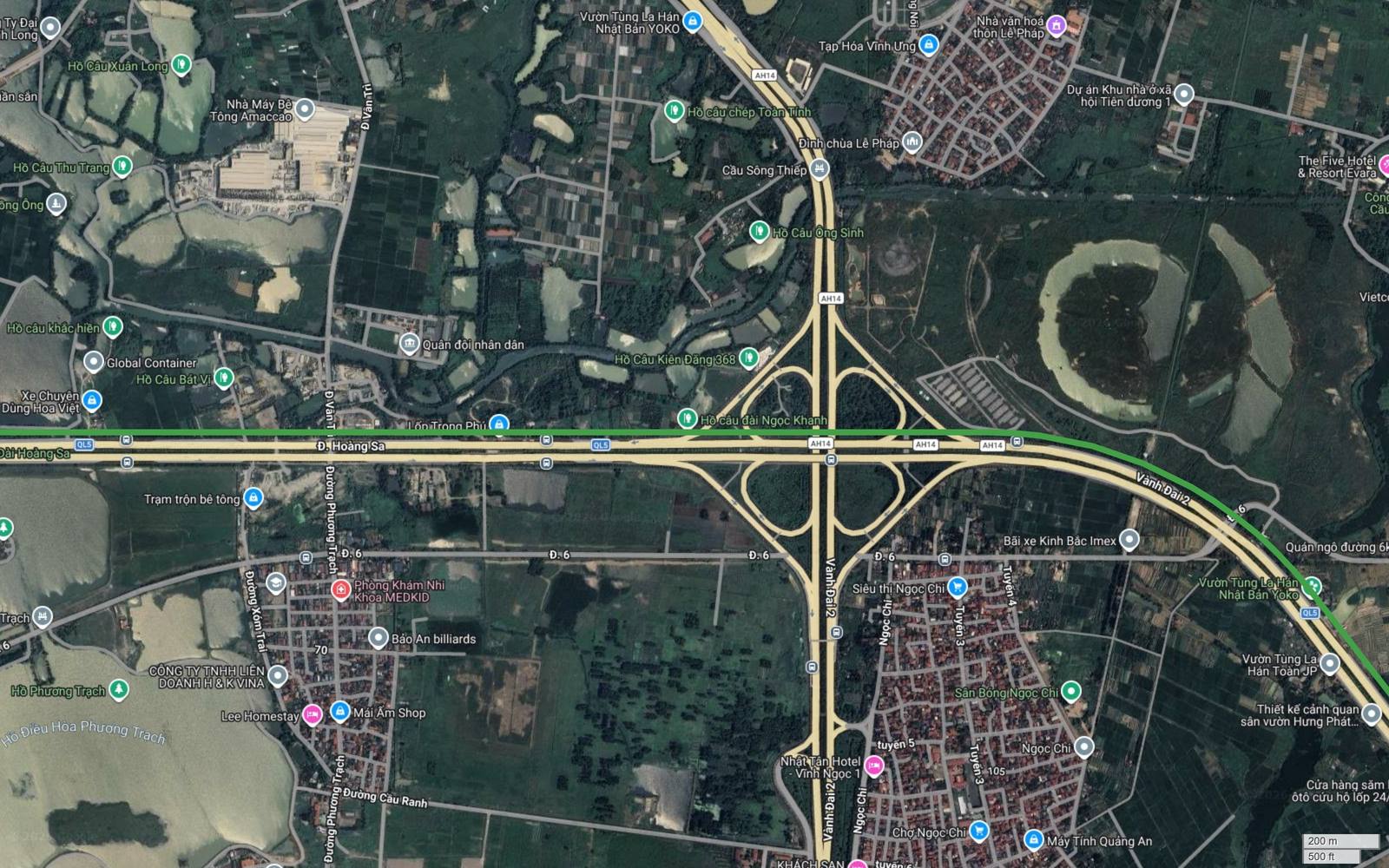 Ảnh vệ tinh metro số 4 Hà Nội khung 28 chạy dọc đường Hoàng Sa qua vùng hồ điều hòa Phương Trạch và nút giao khác mức AH14