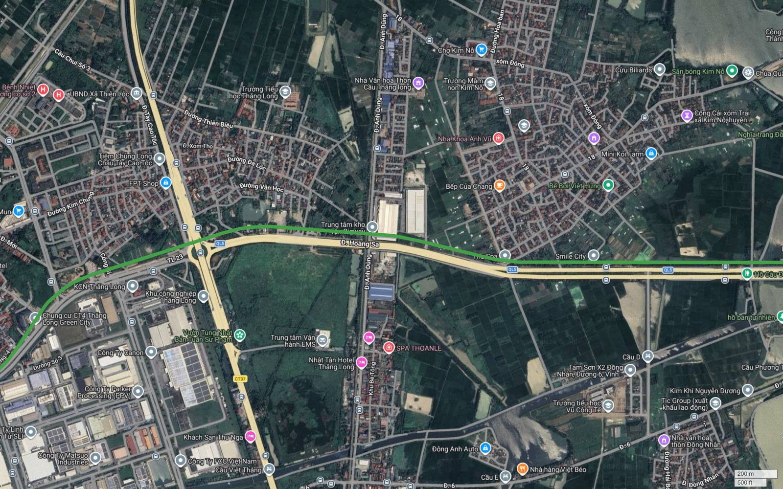 Ảnh vệ tinh metro số 4 Hà Nội khung 30 rời trục Hoàng Sa tại nút tỉnh lộ 23, ôm rìa bắc Khu công nghiệp Thăng Long và Thăng Long Green City