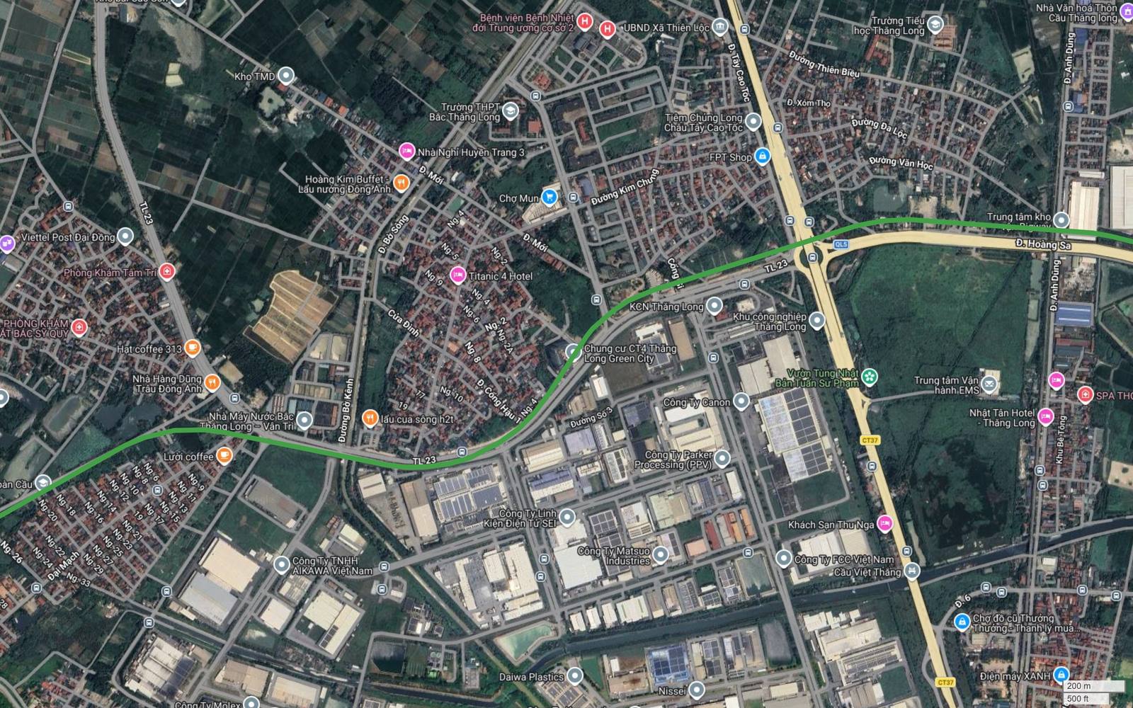 Ảnh vệ tinh metro số 4 Hà Nội khung 31 qua Kim Chung Đại Đồng, lưới ngõ đánh số dày đặc và Nhà máy nước Bắc Thăng Long Vân Trì