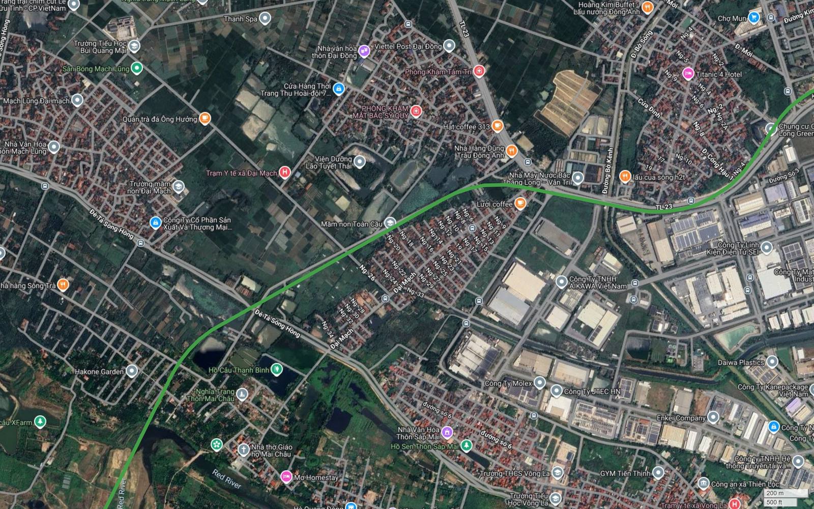 Ảnh vệ tinh metro số 4 Hà Nội khung 32 qua Đại Mạch Mạch Lũng Sáp Mai, nét tuyến cắt chéo làng cũ và băng qua đê tả sông Hồng
