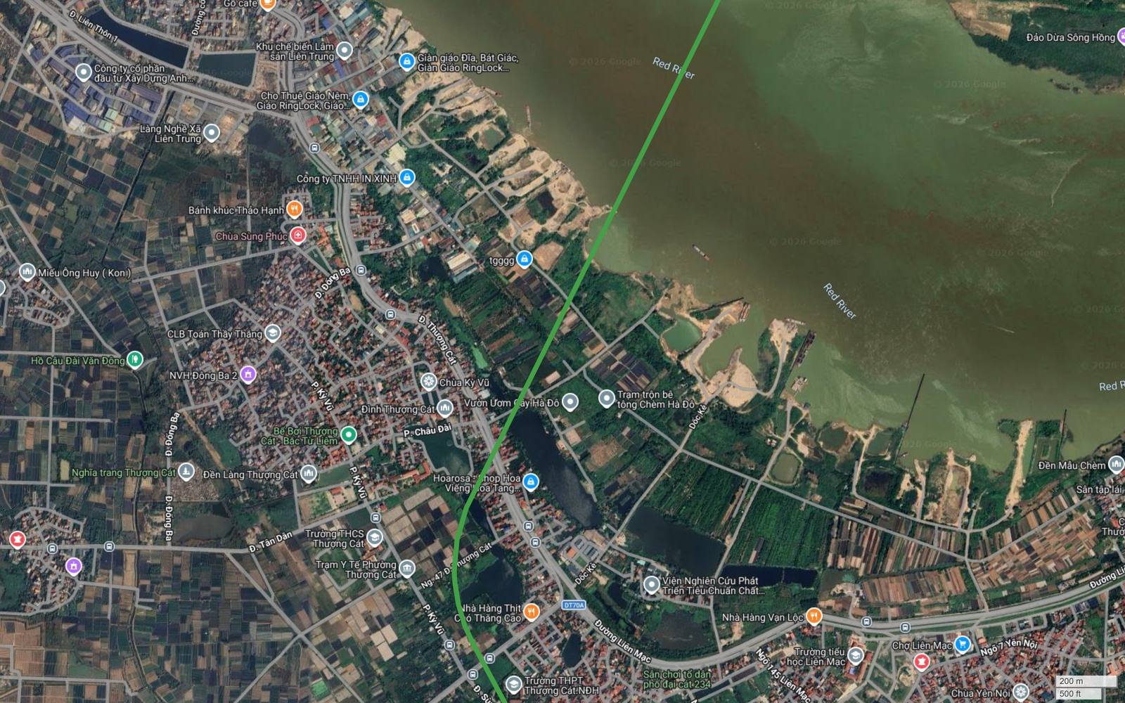 Ảnh vệ tinh metro số 4 Hà Nội khung 34 đổ bộ vào Thượng Cát Liên Mạc sau khi vượt sông Hồng, bãi cát sáng và cụm đình chùa làng cổ