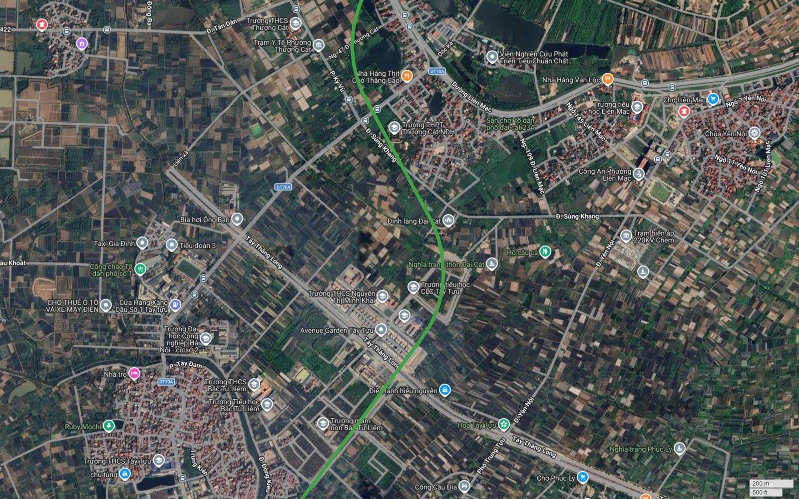 Ảnh vệ tinh metro số 4 Hà Nội khung 35 tại Đại Cát Tây Tựu, nét tuyến quay về lưới ruộng hoa và khép kín vòng 62,3 km